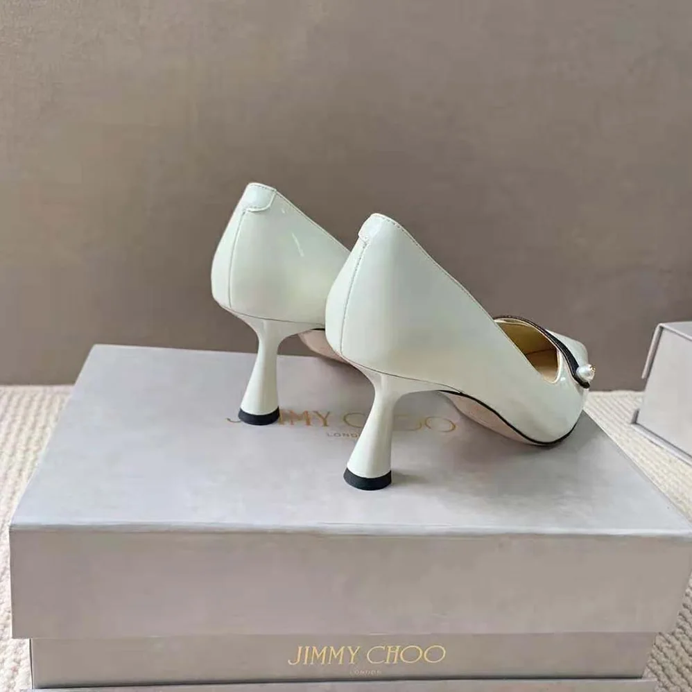 Jimmy Choo Rosalia 65 Latte Patent Pointed Pumps with Pearl Detail for Women