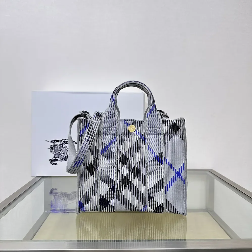 Burberry Mini Check Knitted Tote for Women in Grey Burberry Mini Check Knitted Tote for Women in Grey