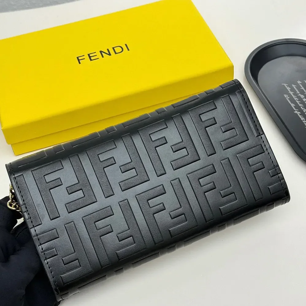 Fendi Baguette Continental Wallet With Chain Black Nappa Leather Wallet for Women