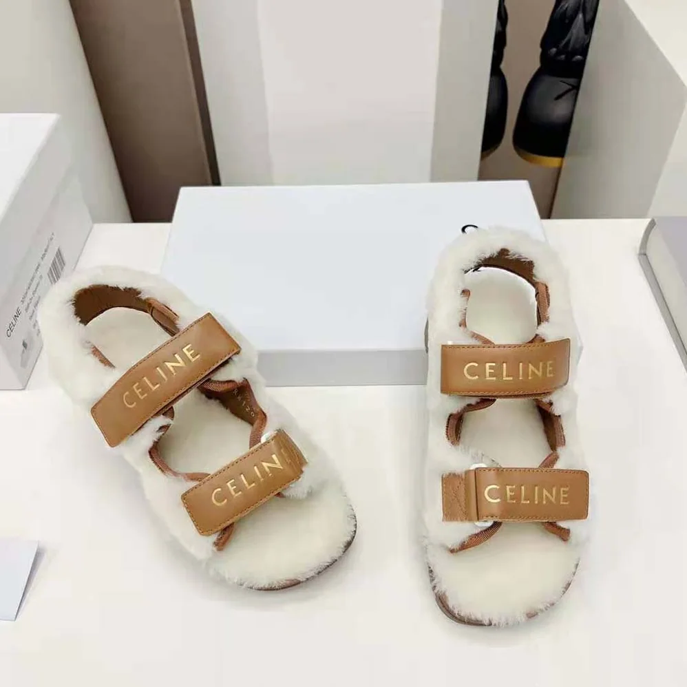 Celine Leo Scratch Sandal in Shearling & Calfskin for Women