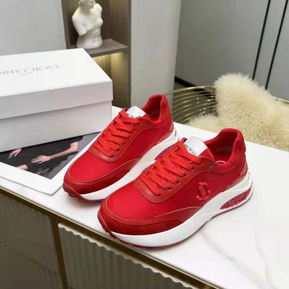 Jimmy Choo Memphis Lace UP/F Red Neoprene and Leather Low Top Trainers for Women Jimmy Choo Memphis Lace UP/F Red Neoprene and Leather Low Top Trainers for Women