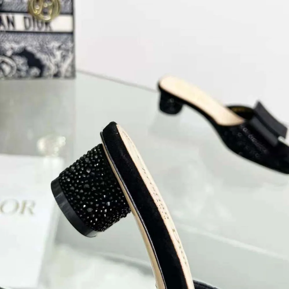 Dior Idylle Heeled Slide Black Suede Covered with Strass and Grosgrain for Women Dior Idylle Heeled Slide Black Suede Covered with Strass and Grosgrain for Women