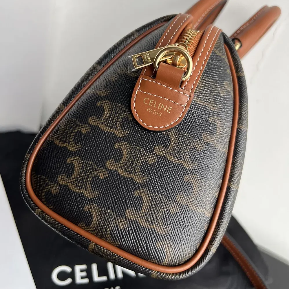 Celine Small Boston in Triomphe Canvas and Calfskin for Women in Tan