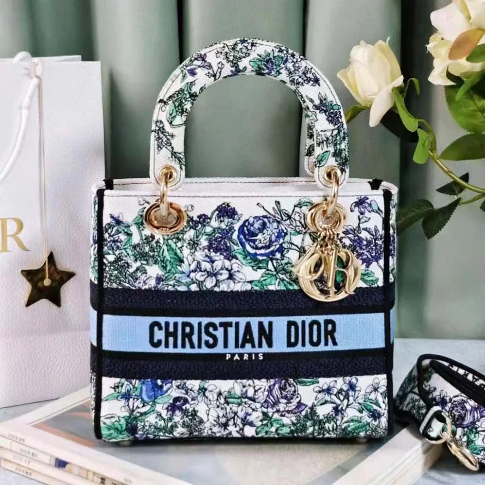 Dior Medium Lady D-Lite Bag White Multicolor Flowers Constellation Embroidery for Women Dior Medium Lady D-Lite Bag White Multicolor Flowers Constellation Embroidery for Women