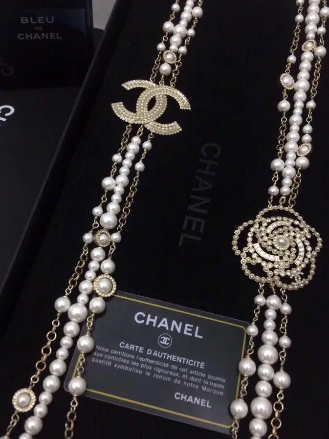 Chanel Multilayered Pearl And Camellia Long Necklace Gold Hardware
