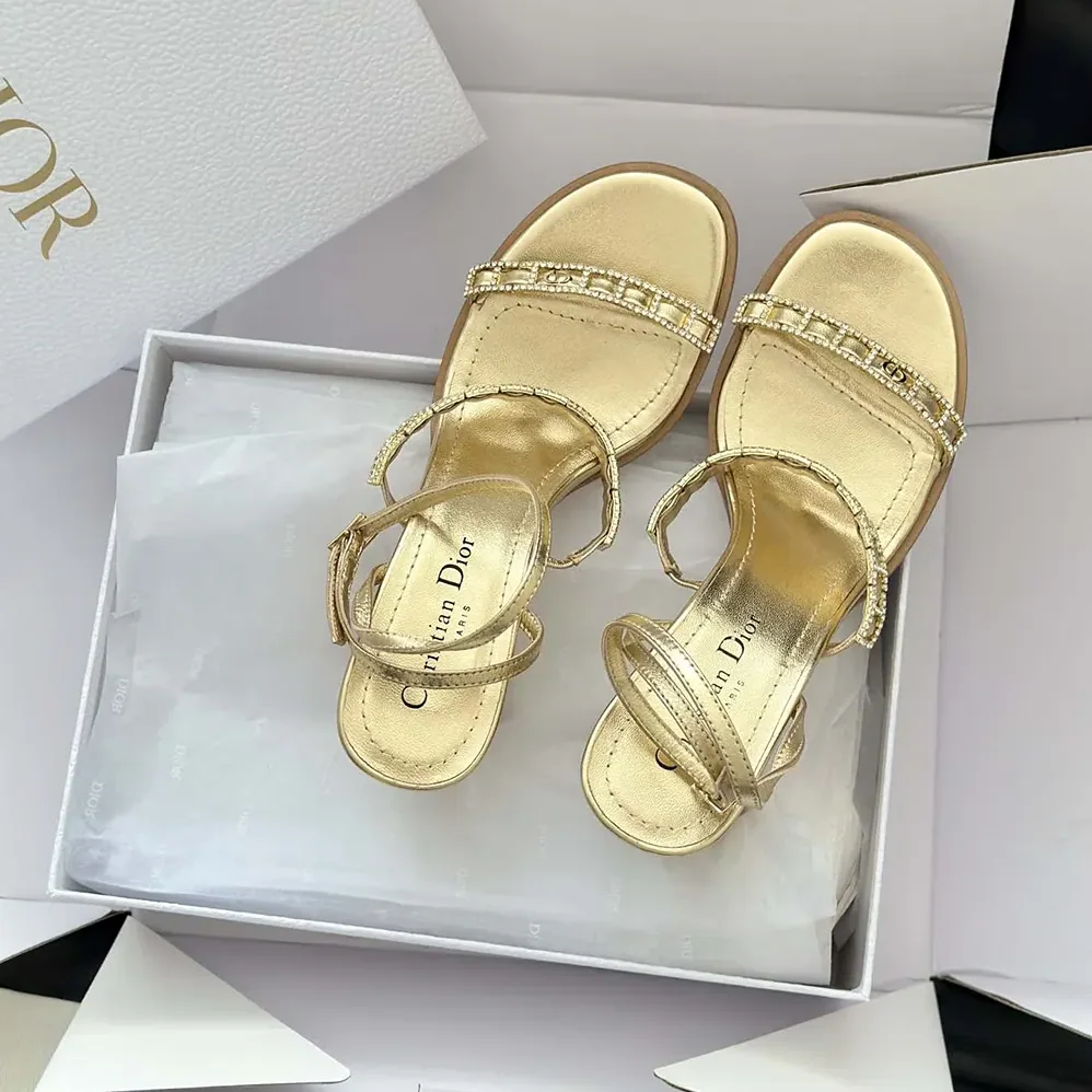 Dior Diorissime Heeled Sandal Gold-Tone Laminated Lambskin and Silver for Women in Tone Strass Dior Diorissime Heeled Sandal Gold-Tone Laminated Lambskin and Silver for Women in Tone Strass