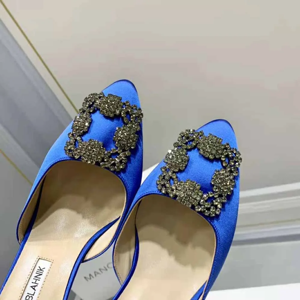 Manolo Blahnik Blue Satin Jewel Buckle Mules for Women Manolo Blahnik Blue Satin Jewel Buckle Mules for Women