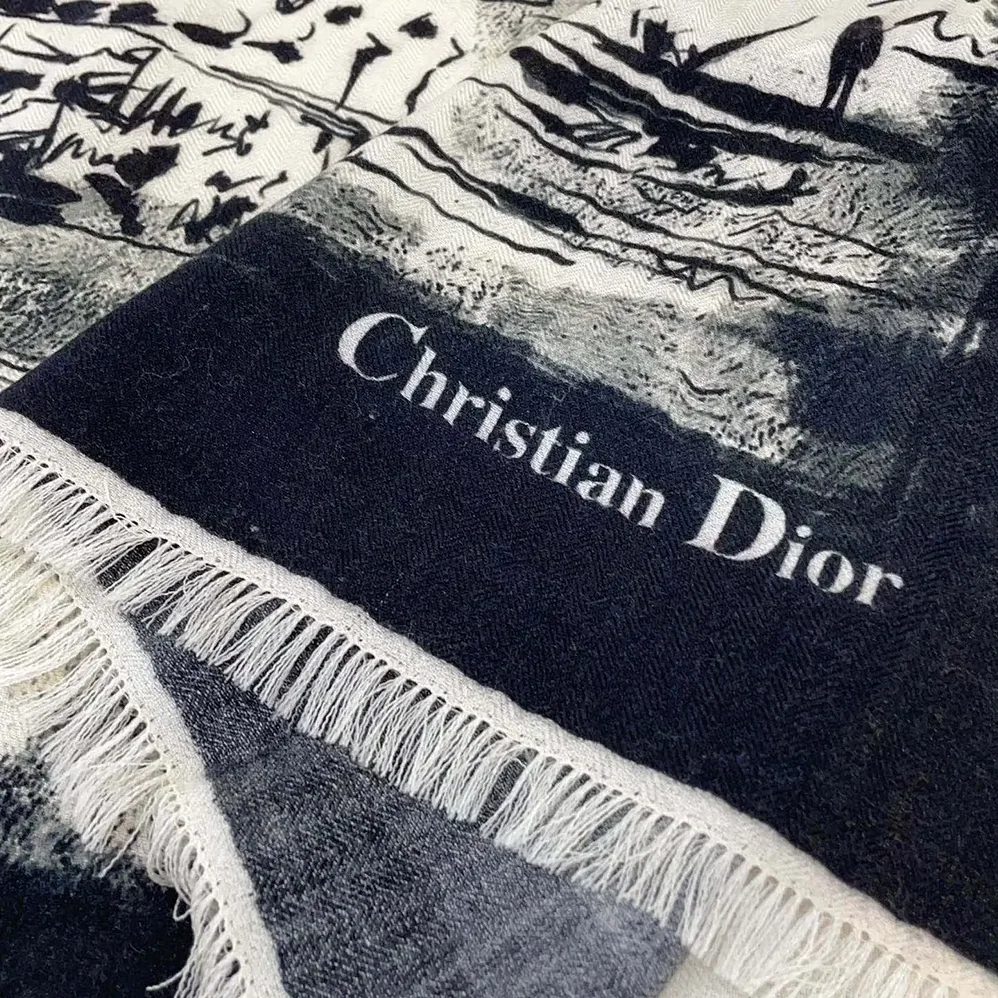 Dior Paris 90 Square Scarf Ecru and Black Silk Twill for Unisex