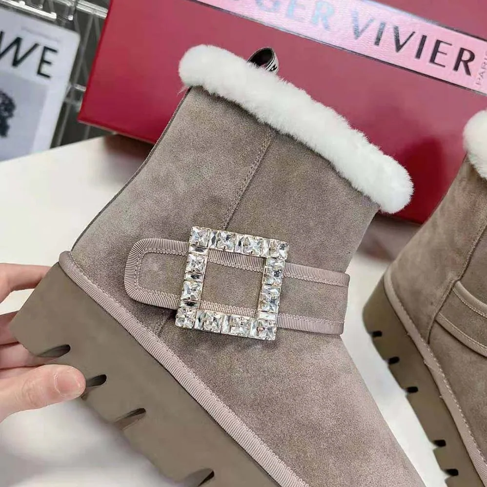 Roger Vivier Viv' Winter Fur Strass Buckle Ankle Boots in Suede for Women in Beige Roger Vivier Viv' Winter Fur Strass Buckle Ankle Boots in Suede for Women in Beige