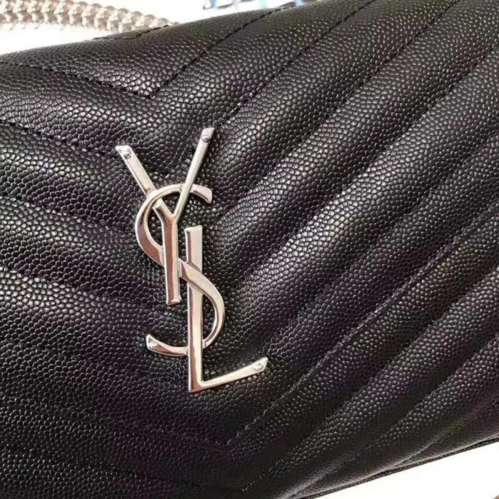 Saint Laurent Monogram Chain Wallet Grain De Poudre Embossed in Silver