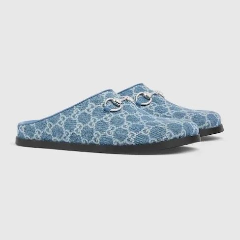 Gucci Horsebit Mules Blue Denim Light Gold Hardware ? FAFGT 4746