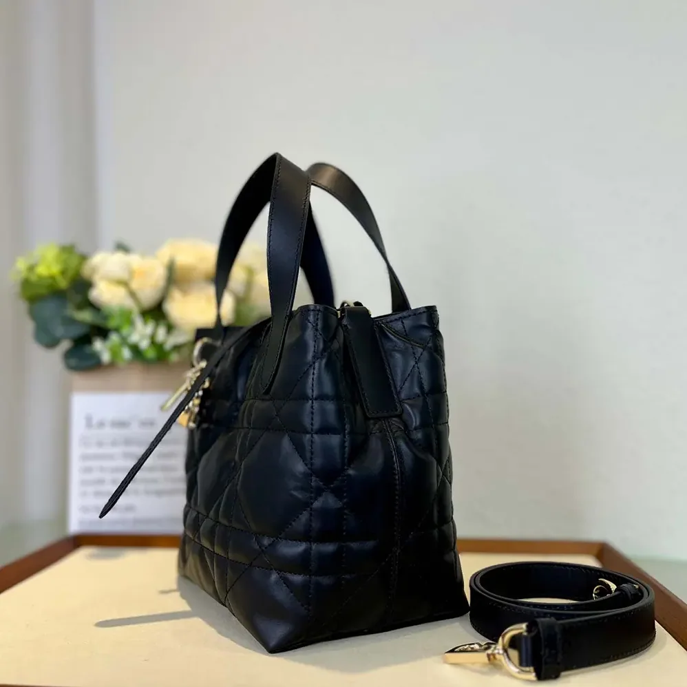 Dior Small Dior Toujours Vertical Tote Bag Black Macrocannage Calfskin for Women