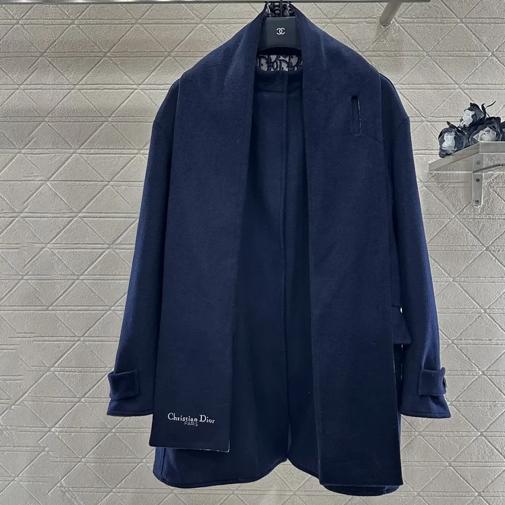 Dior Coat with Scarf Collar Navy Blue Double-Sided Virgin Wool and Silk for Women