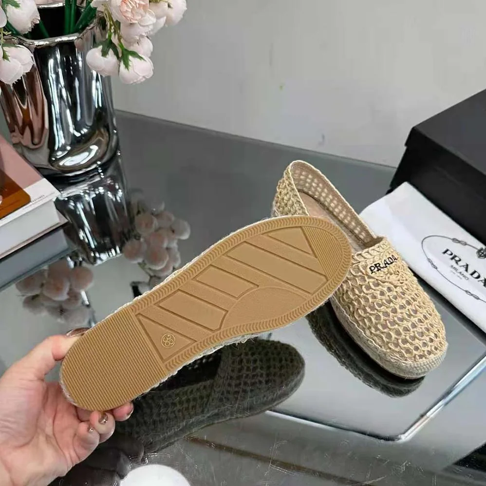 Prada Crochet Espadrilles with Embroidered Logo for Women in Beige