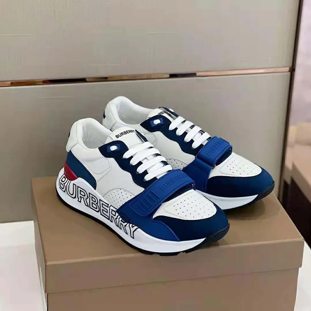 Burberry Logo Print Leather Sneakers for Men in Blue Burberry Logo Print Leather Sneakers for Men in Blue