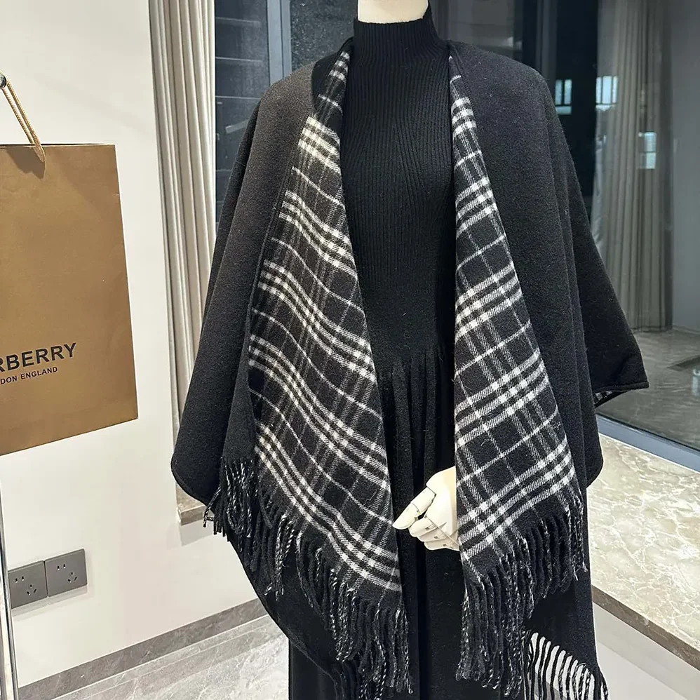 Burberry Reversible Check Wool Cape for Women in Black Burberry Reversible Check Wool Cape for Women in Black