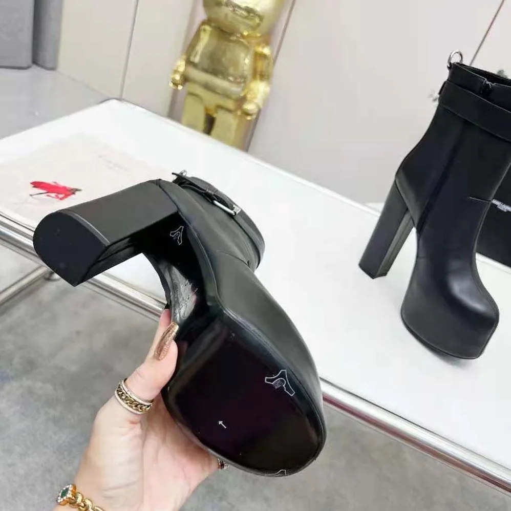 Saint Laurent YSL Cherry Buckle Platform Booties in Smooth Leather for Women