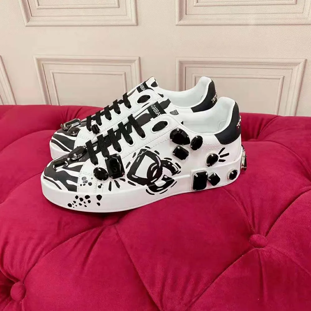 Dolce Gabbana D&G Calfskin Portofino Sneakers with Embroidery for Unisex
