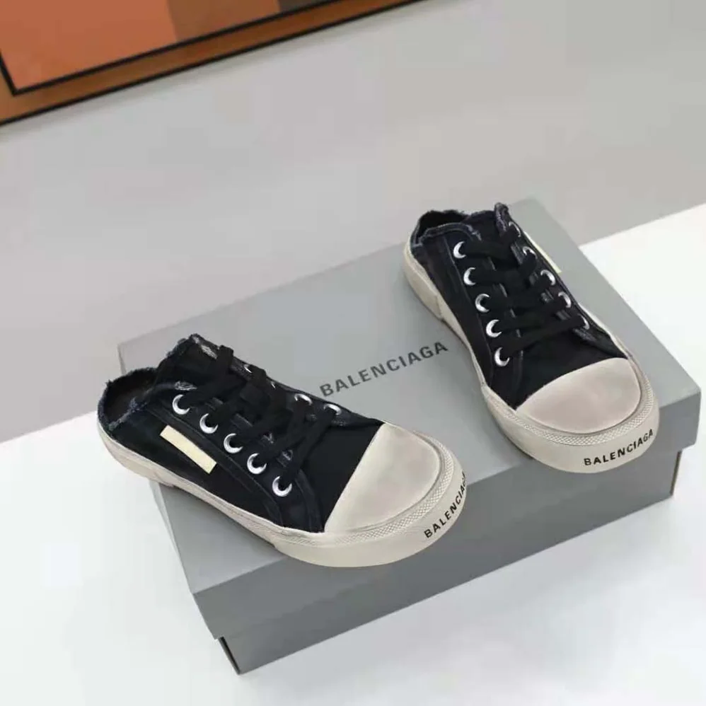 Balenciaga Paris Sneaker Mule in Black Destroyed Cotton and White Rubber for Unisex