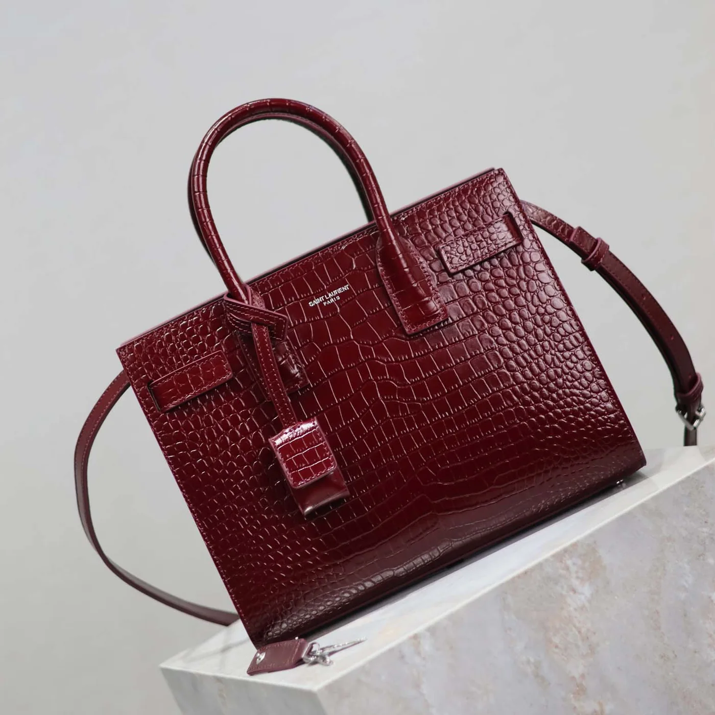 Saint Laurent YSL Sac De Jour in Embossed Crocodile Leather Baby for Women in Maroon Saint Laurent YSL Sac De Jour in Embossed Crocodile Leather Baby for Women in Maroon