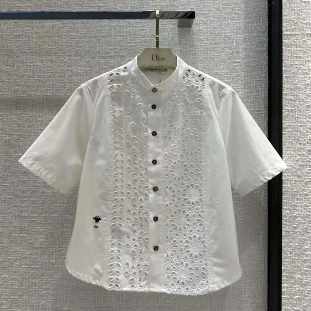 Dior Short Buttoned Blouse White Cotton Denim with Saint for Women in Gall Motif
