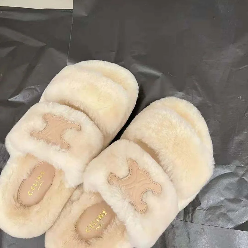 Celine Fur Slides Triomphe Open Slides in Shearling for Women