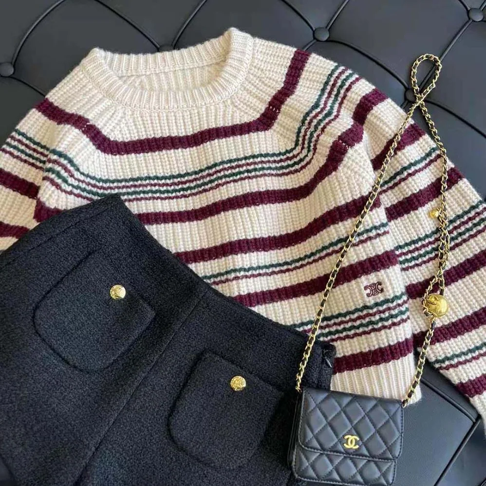 Celine Crew Neck Sweater in Striped Ribbed Wool for Women