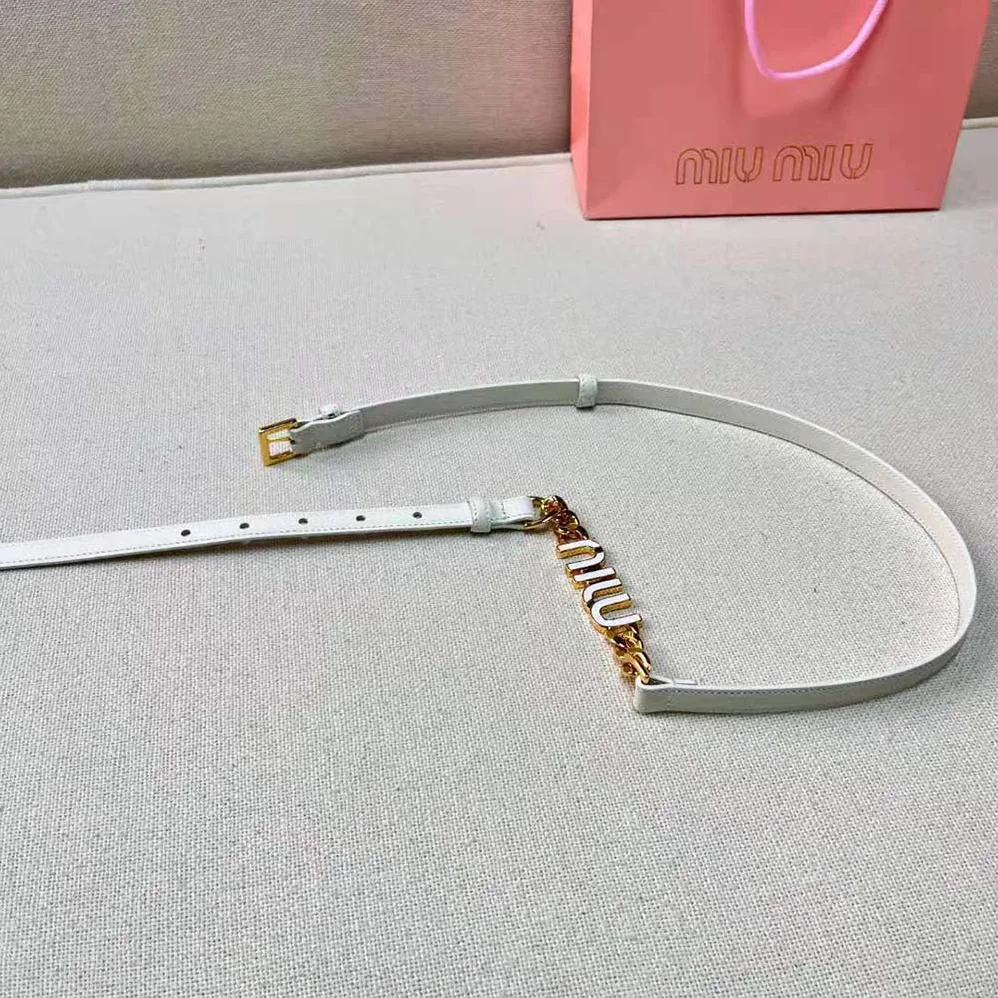 Miu Miu Brushed Leather Belt with Logo for Women in White
