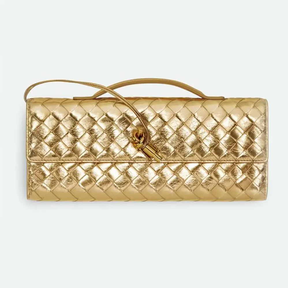 Bottega Veneta Andiamo Clutch in Intrecciato Leather for Women in Gold Bottega Veneta Andiamo Clutch in Intrecciato Leather for Women in Gold