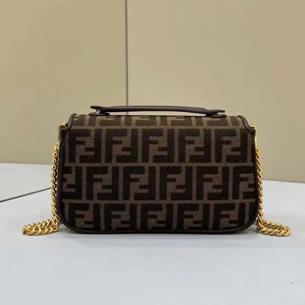 Fendi Baguette Chain MidiBrown FF Jacquard Fabric Bag for Women