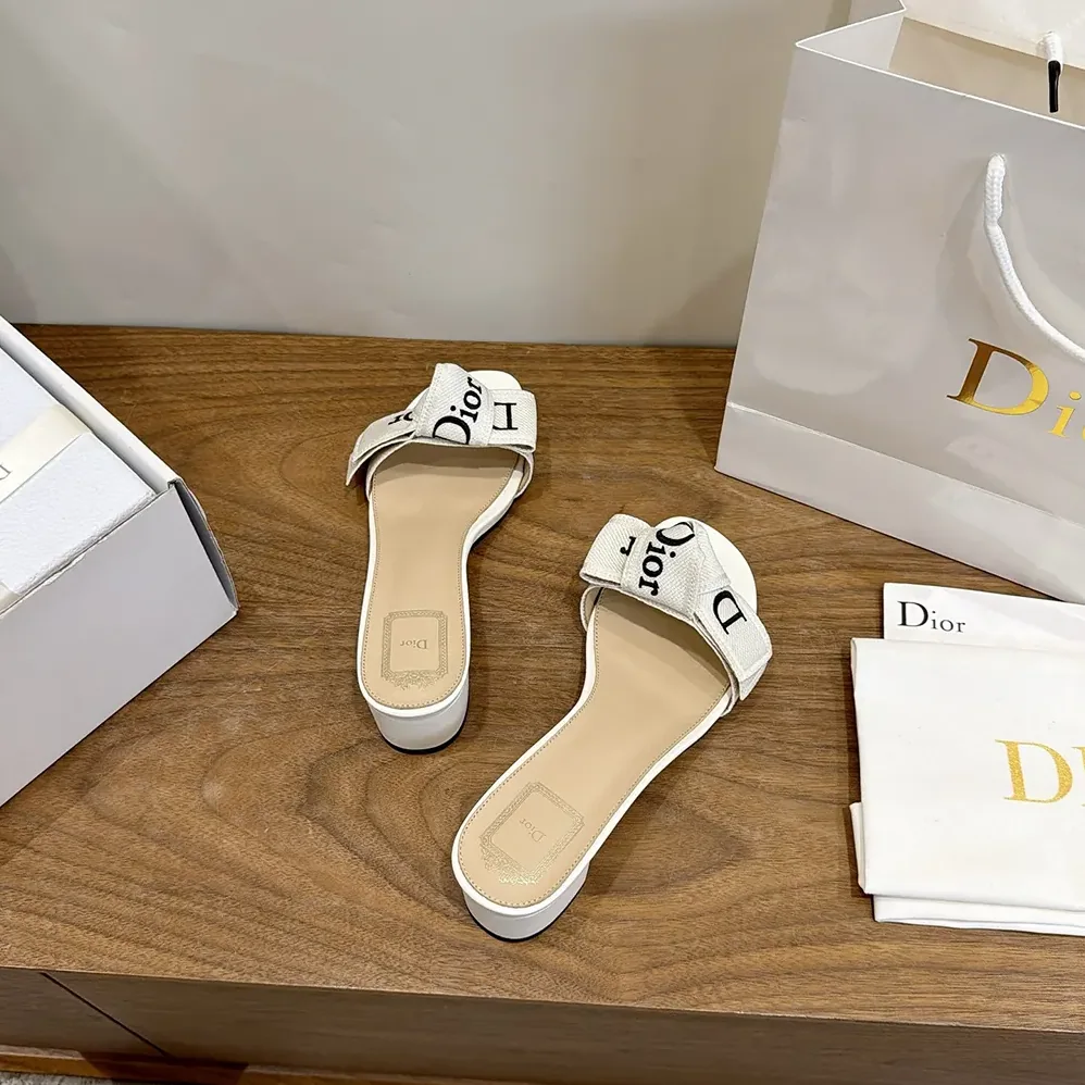 Dior J'Adior Heeled Slide Ivory Embroidered Cotton for Women Dior J'Adior Heeled Slide Ivory Embroidered Cotton for Women