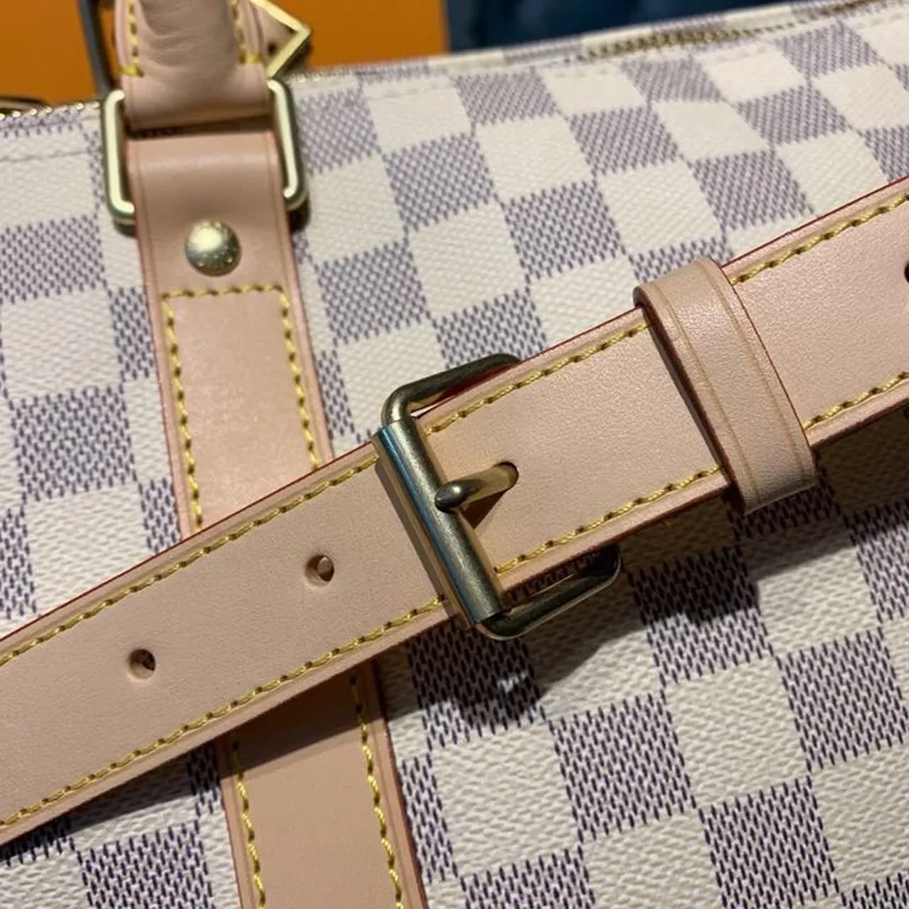 Louis Vuitton Keepall Bandouliere 45 Travel Bag in Damier Azur Gold Hardware Louis Vuitton Keepall Bandouliere 45 Travel Bag in Damier Azur Gold Hardware