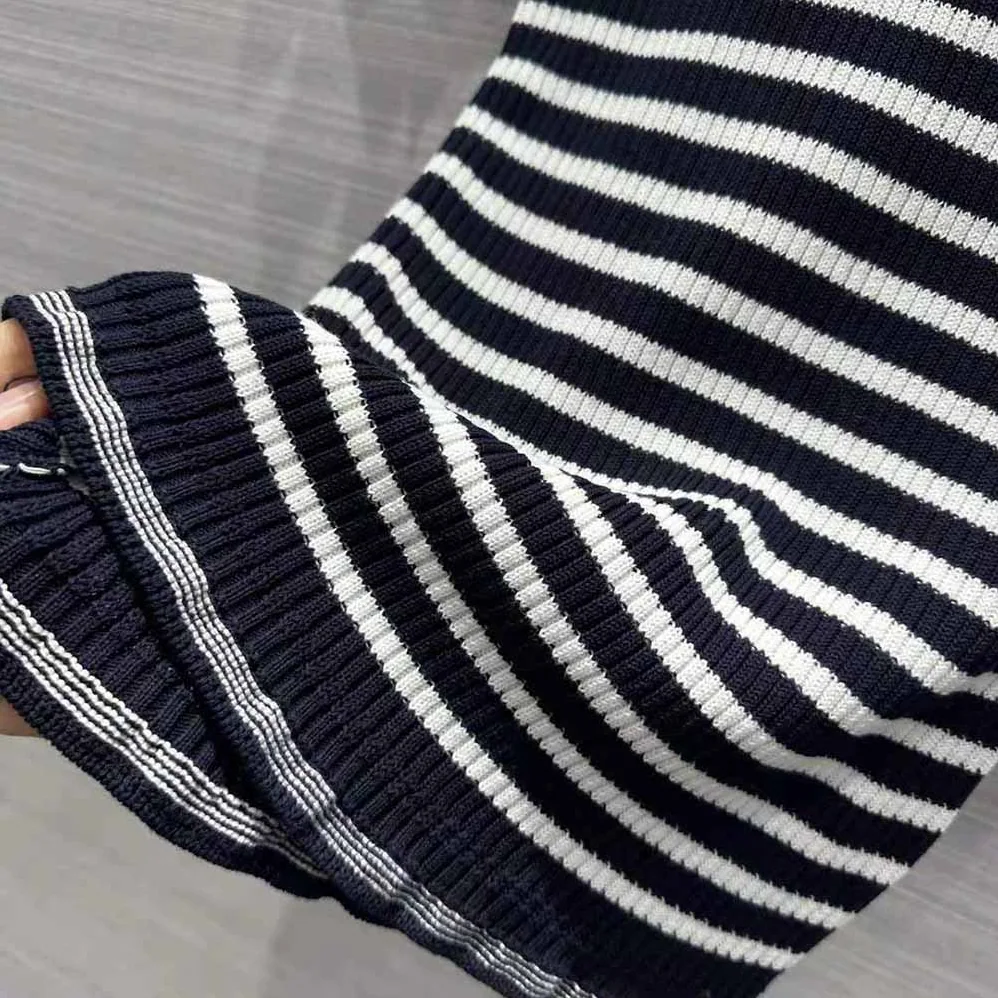 Dior Short-Sleeved Sweater Navy Blue and White Cotton Ribbed Knit with Signature for Women