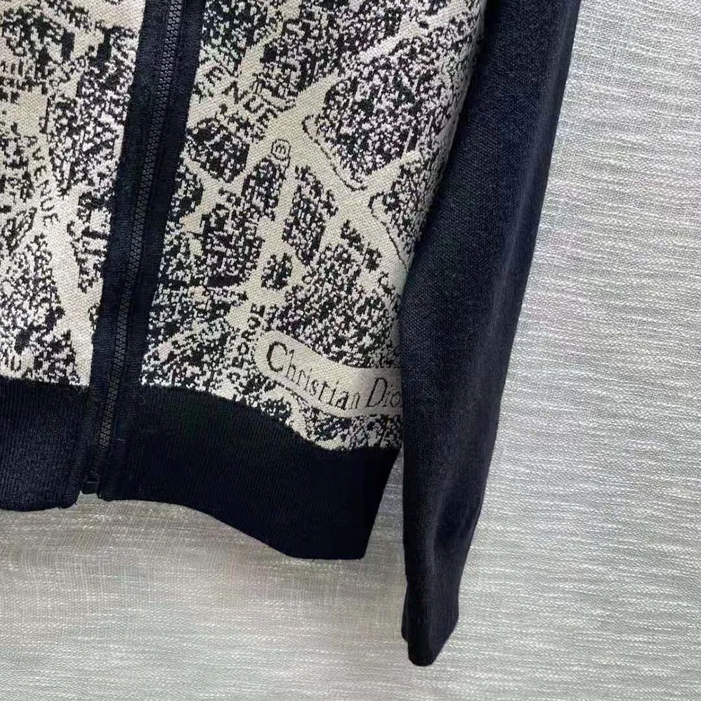 Dior Bomber Jacket Beige and Black Technical Virgin Wool Knit with Plan de Paris Motif for Women