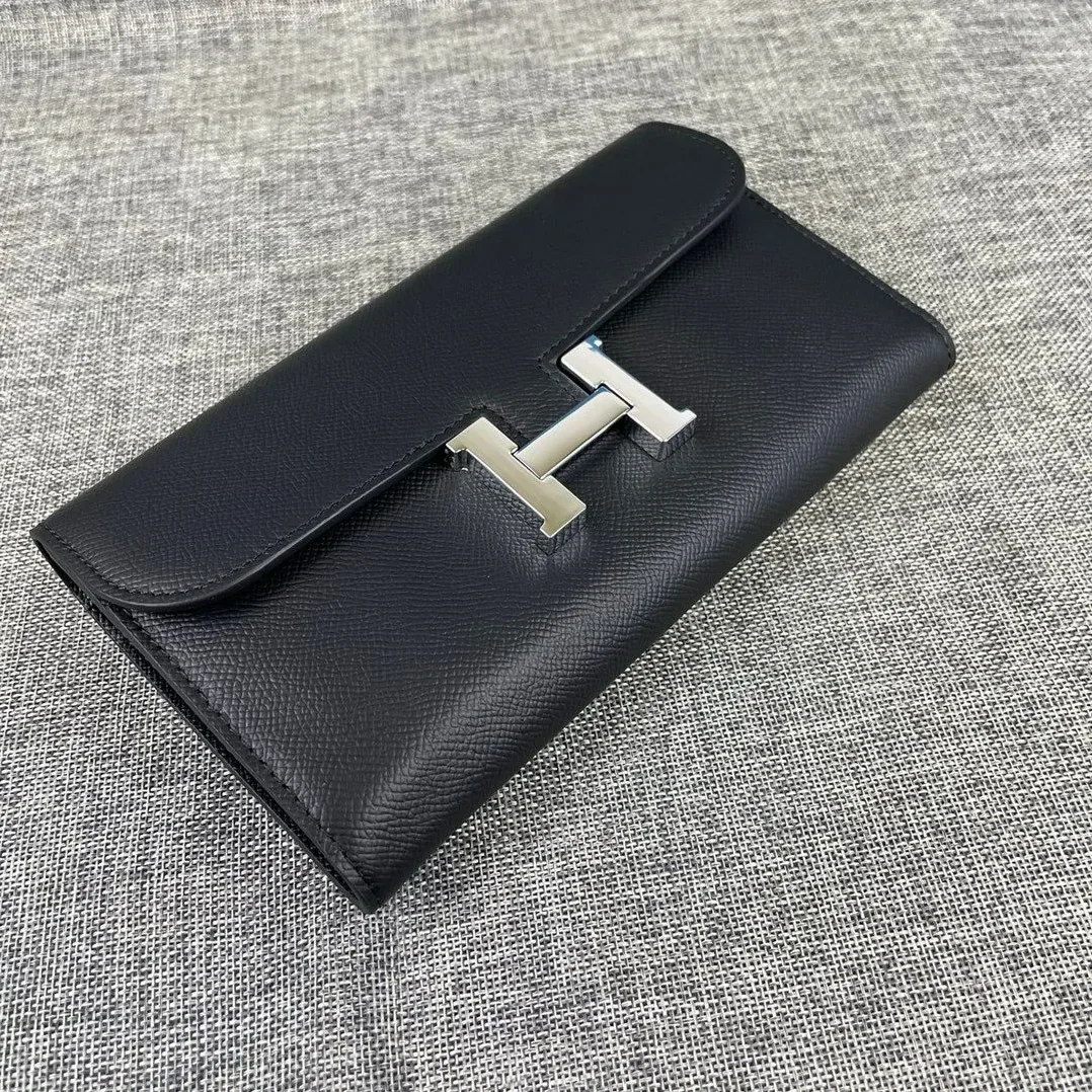 Hermes Constance Togo Long Wallet in Silver Toned Hardware Black