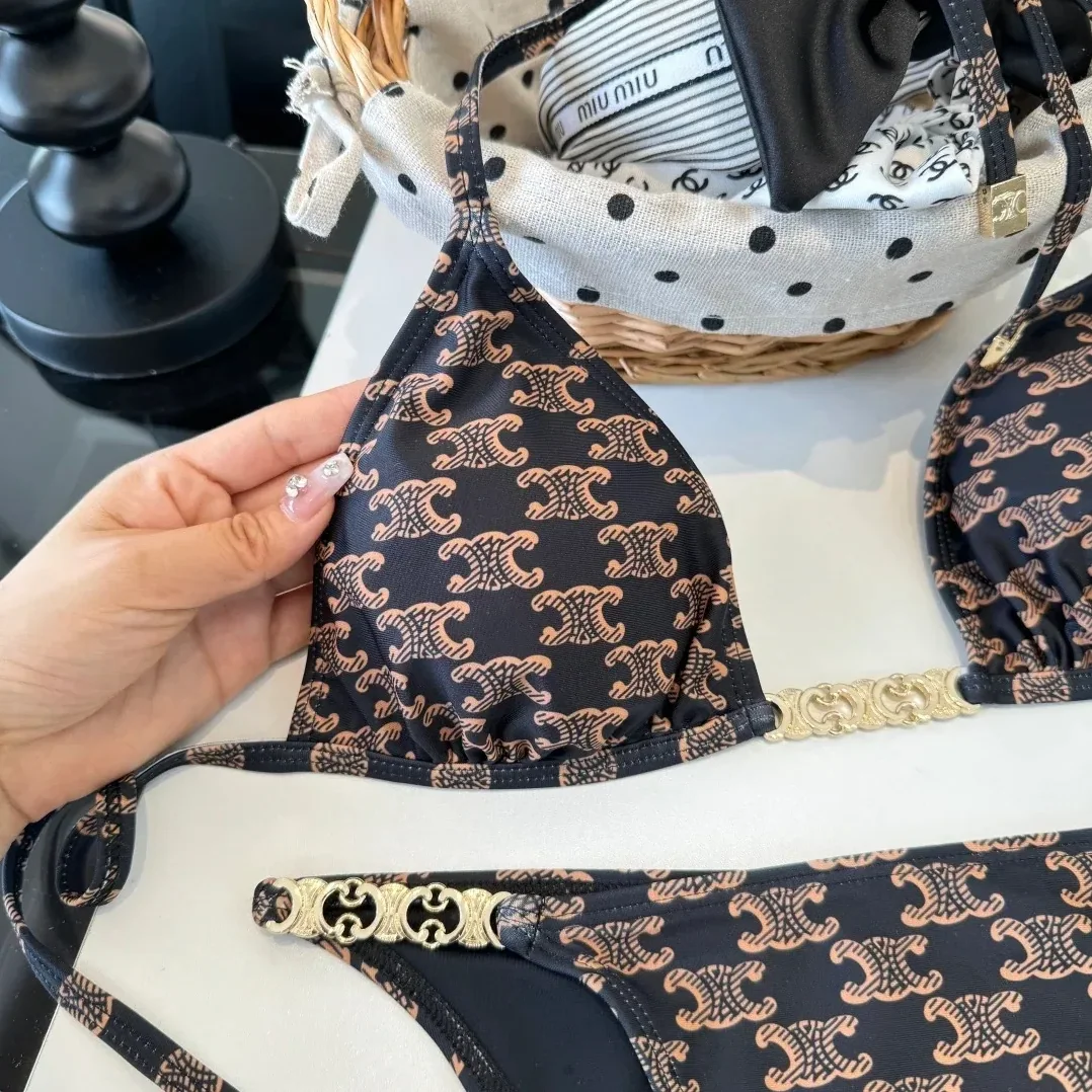 Celine Triomphe Monogram Triangle Bikini Black in Gold Celine Triomphe Monogram Triangle Bikini Black in Gold