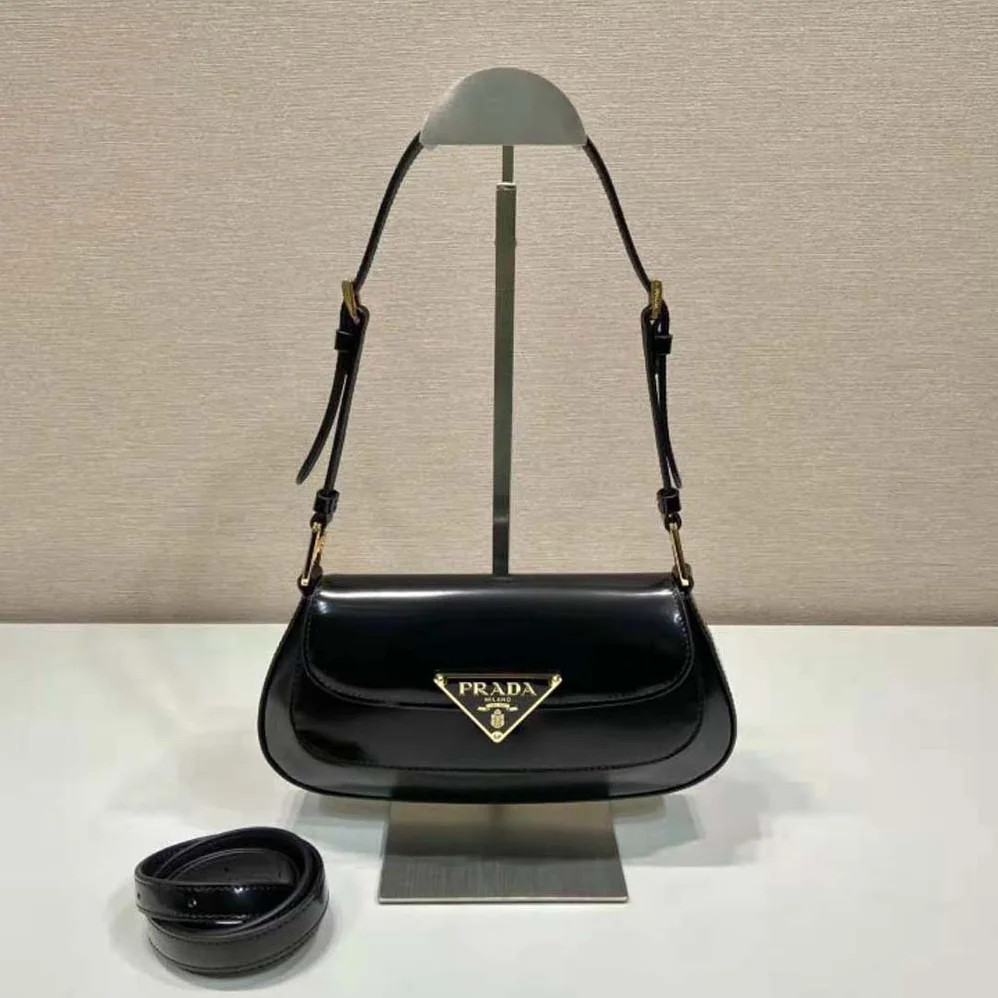 Prada Brushed Leather Shoulder Bag for Women in Black Prada Brushed Leather Shoulder Bag for Women in Black