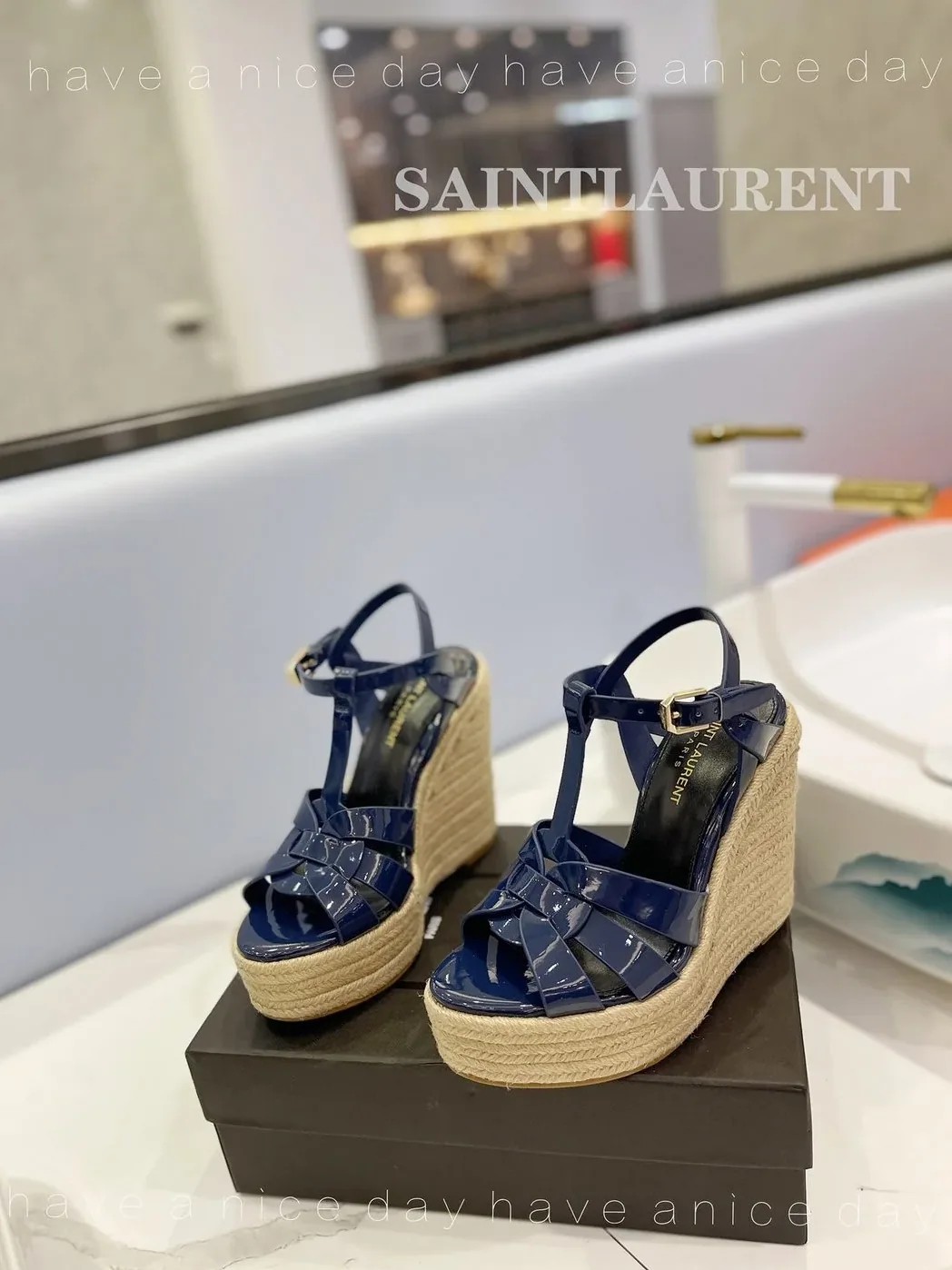 Saint Laurent Tribute Espadrilles In Patent Navy Blue