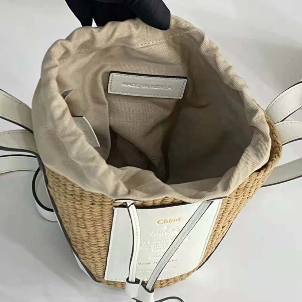 Chloe Small Basket in Fair-Trade Paper and Shiny Calfskin for Women in White Chloe Small Basket in Fair-Trade Paper and Shiny Calfskin for Women in White