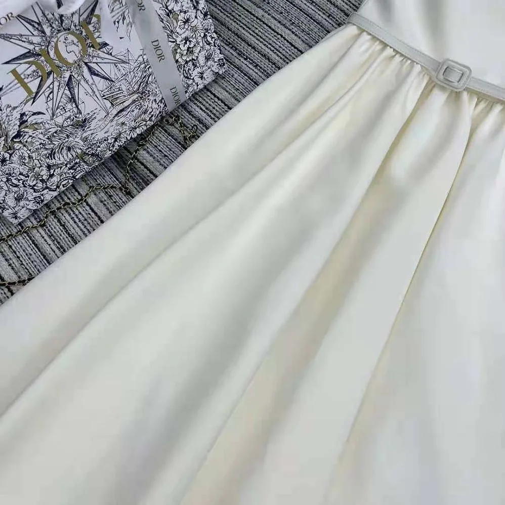 Dior Mid-length Belted Dress Ecru Wool and Silk Shantung for Women Dior Mid-length Belted Dress Ecru Wool and Silk Shantung for Women
