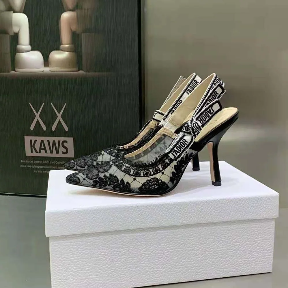 Dior J'Adior Slingback Pump Black Transparent Mesh Embroidered with Dior Roses Motif for Women