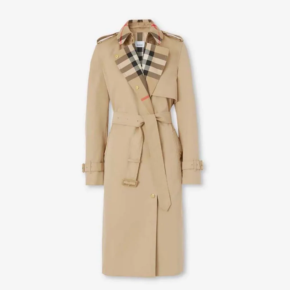Burberry Long Check Collar Trench Coat for Women in Beige