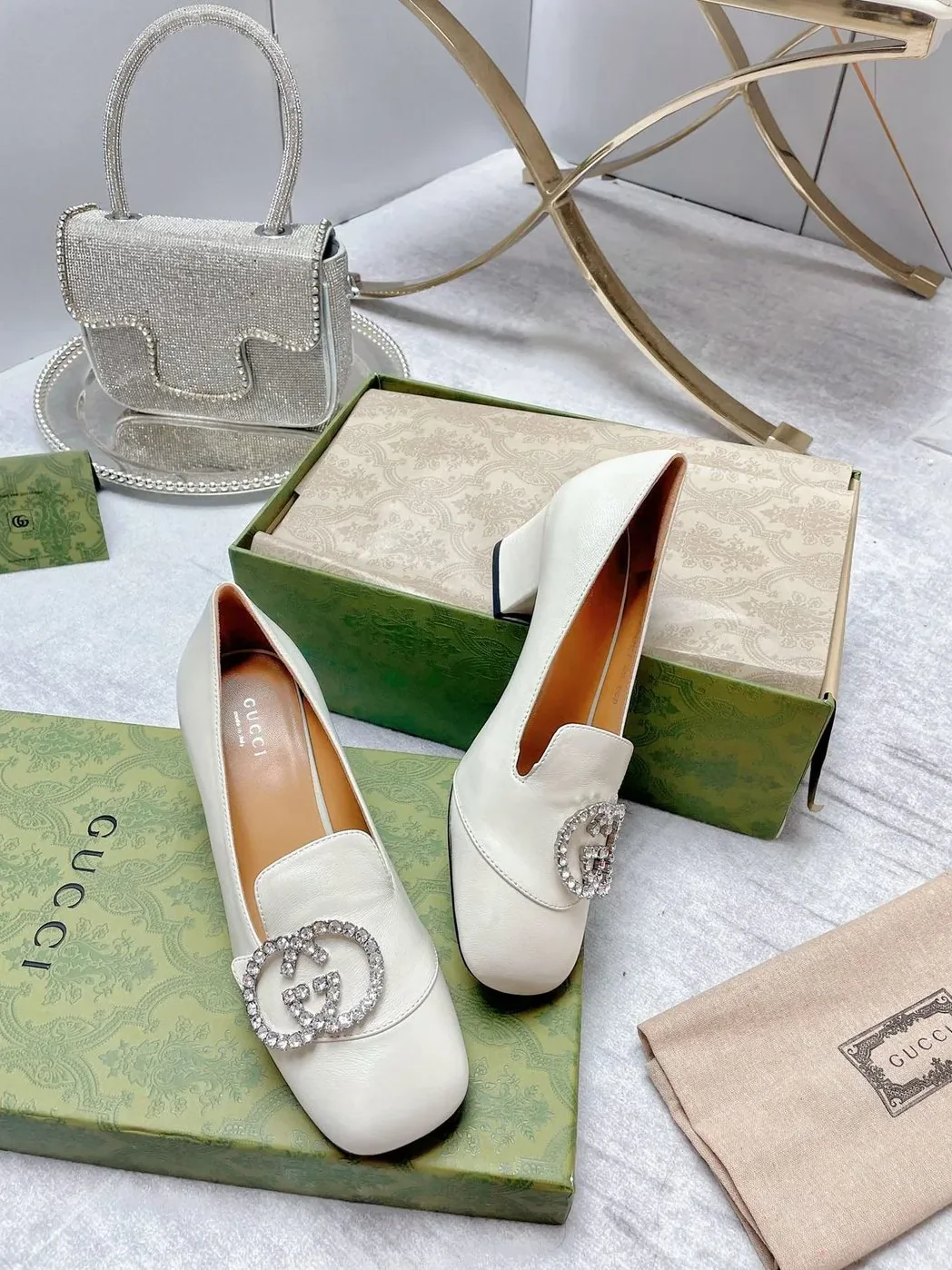 Gucci Mid-Heel Pump With GG Logo White for Women Gucci Mid-Heel Pump With GG Logo White for Women