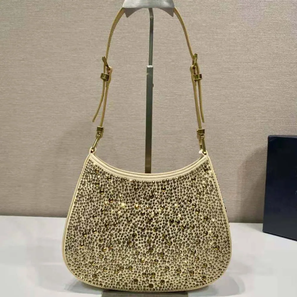 Prada Cleo Satin Bag with Crystals for Women in Gold Prada Cleo Satin Bag with Crystals for Women in Gold