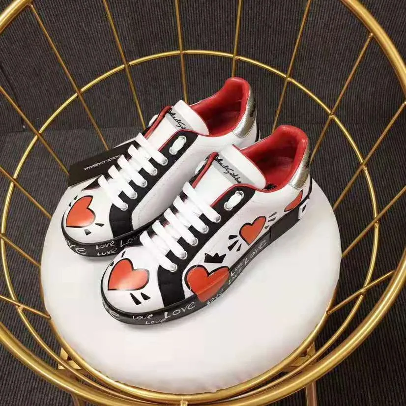 Dolce Gabbana D&G Calfskin Nappa Portofino Sneakers with Heart Print for Women in Red