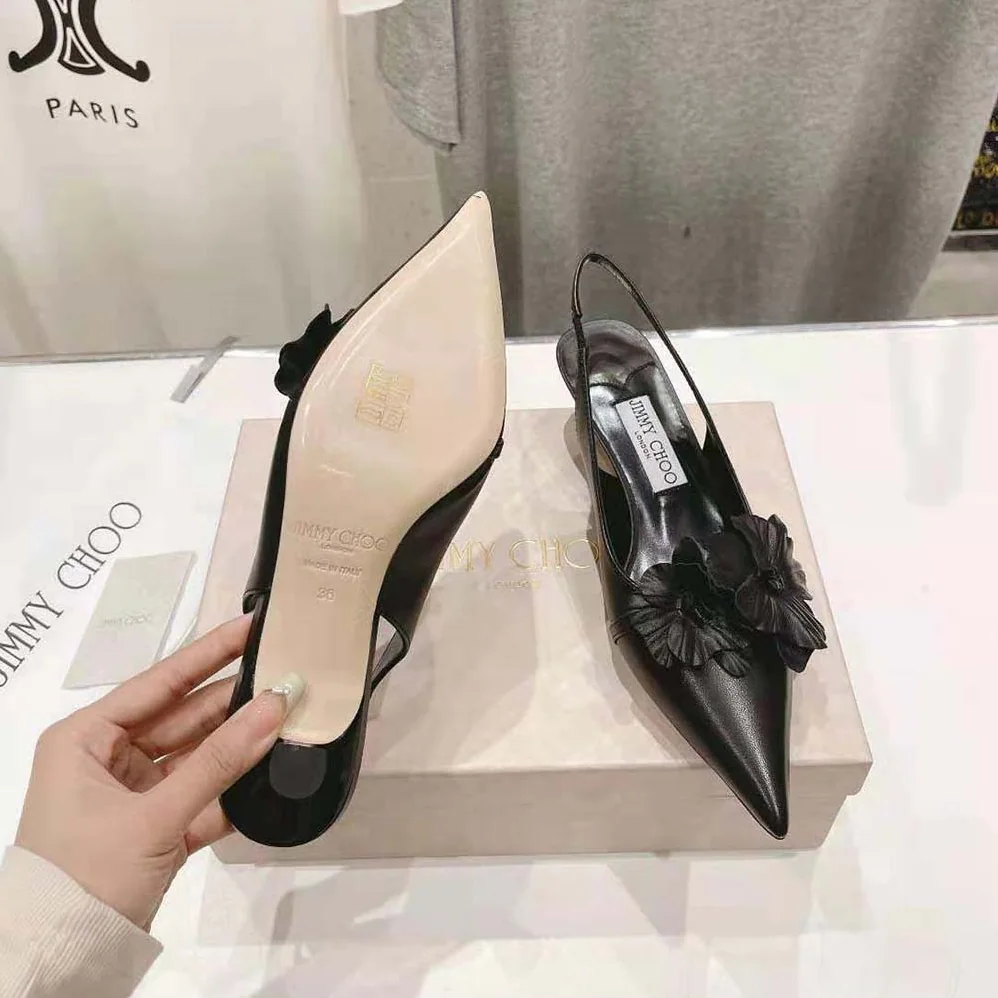 Jimmy Choo Amita Flowers 45 Black Nappa Leather Sling Back Pumps with Flowers for Women