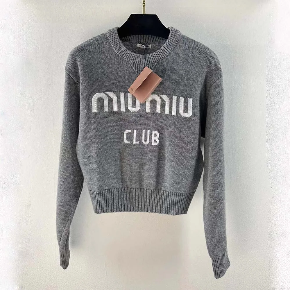 Miu Miu Cashmere Sweater with Intarsia Logo for Women in Silver Miu Miu Cashmere Sweater with Intarsia Logo for Women in Silver