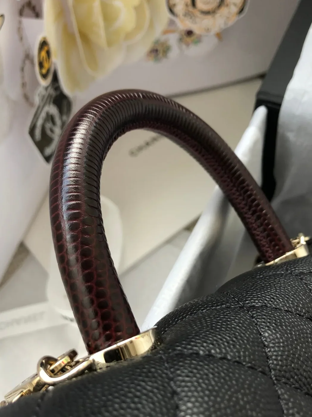 Chanel Classic Mini Flap Bag Top Handle in Black Gold Hardware
