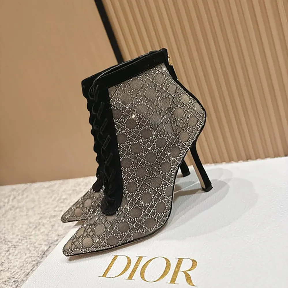 Dior Naughtily-D Heeled Ankle Boot Transparent Mesh for Women in Black