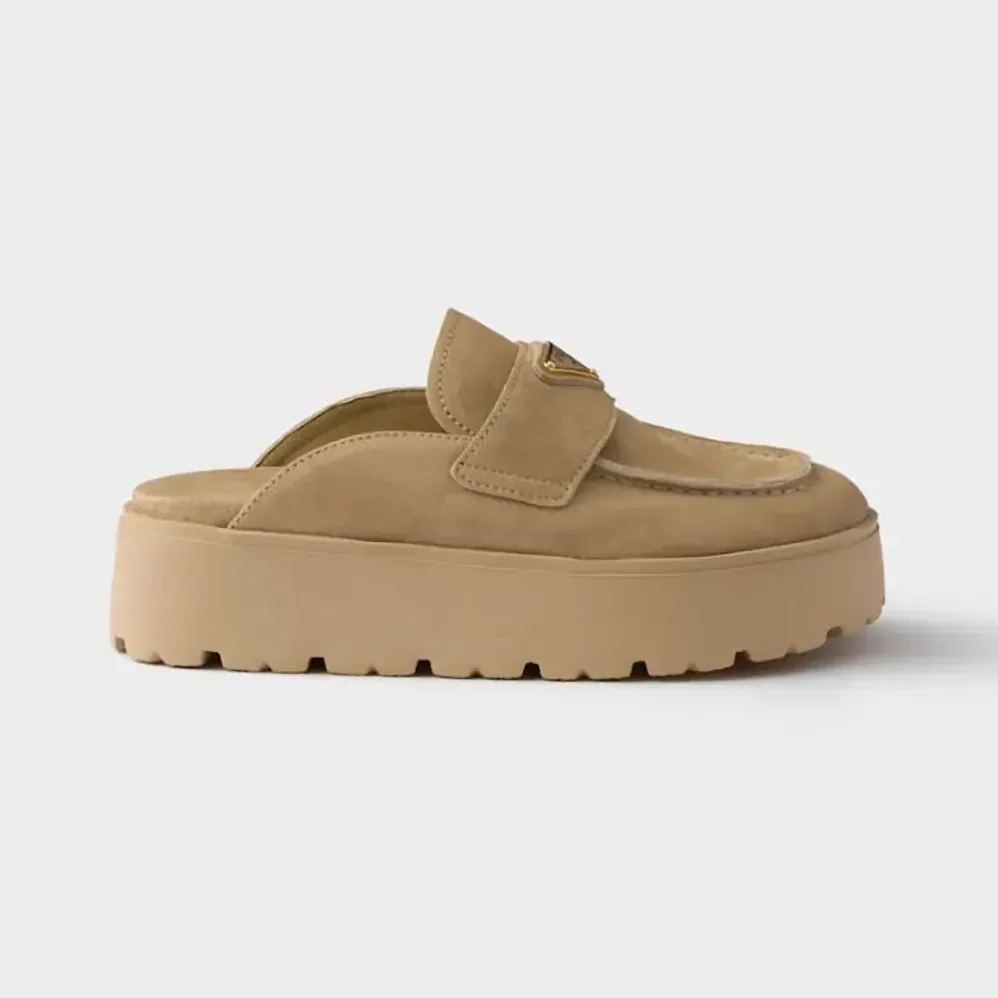 Prada Suede Flatform Mules with Enameled Metal Triangle Logo for Women